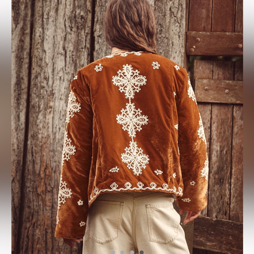 We The Free Rust Velvet Embroidered Jacket with Cream Lace - Picture 5 of 8
